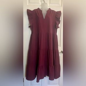 Plus Size Ruffle Cap Sleeve Tiered Midi dress in eggplant